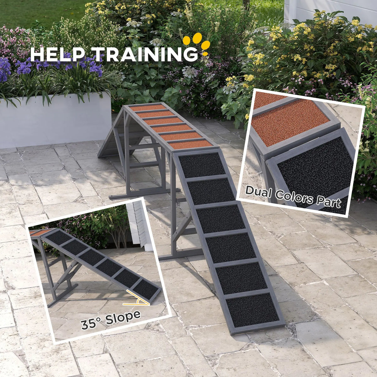 Dog agility ramp with safety bar, gray frame and black non-slip surface by S And B Enterprise