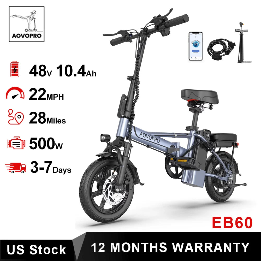 AOVOPRO EB60 Foldable Electric Bike Two Seats 500W 48V