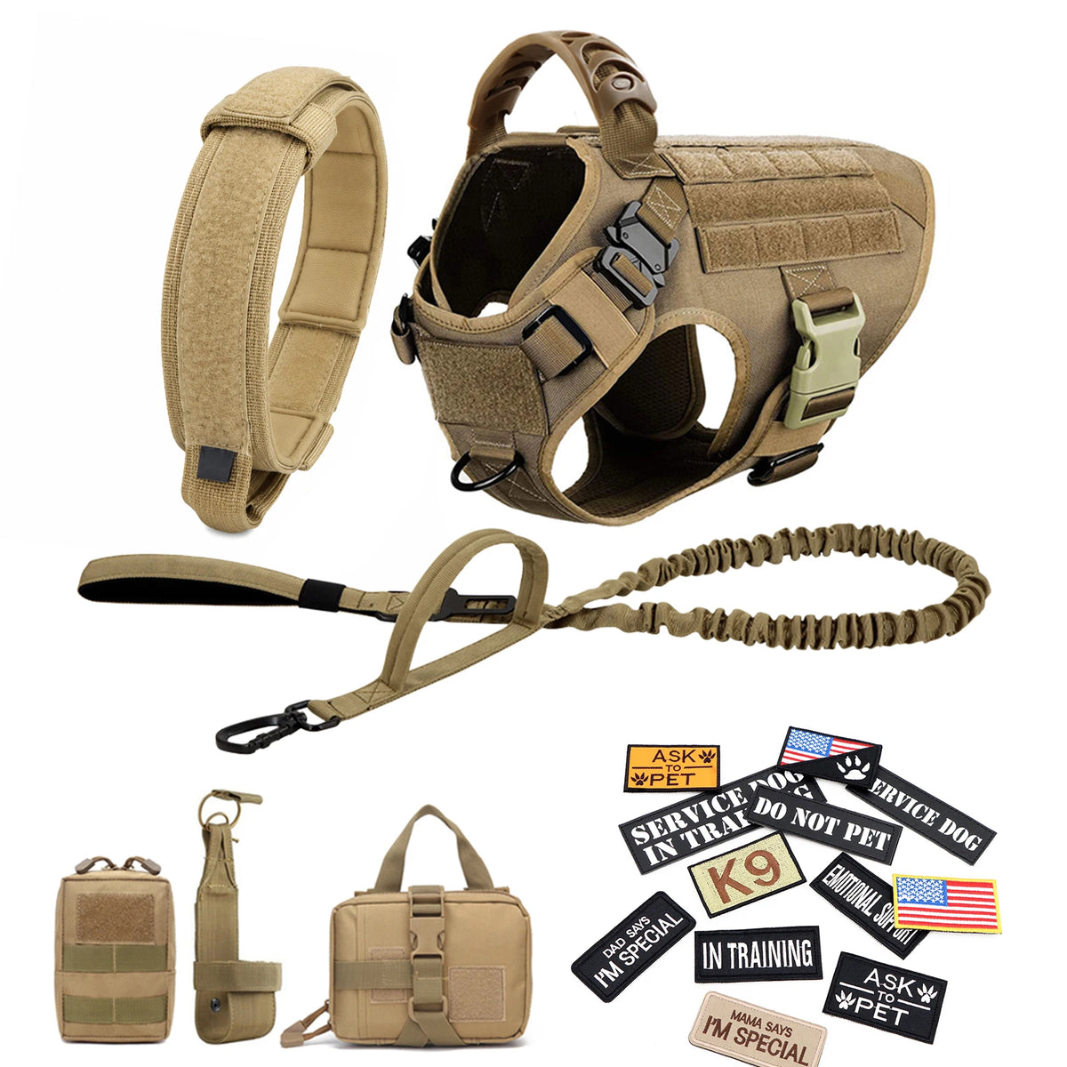 Military large dog harness set in tan by S And B Enterprise, includes harness, collar, leash and patches