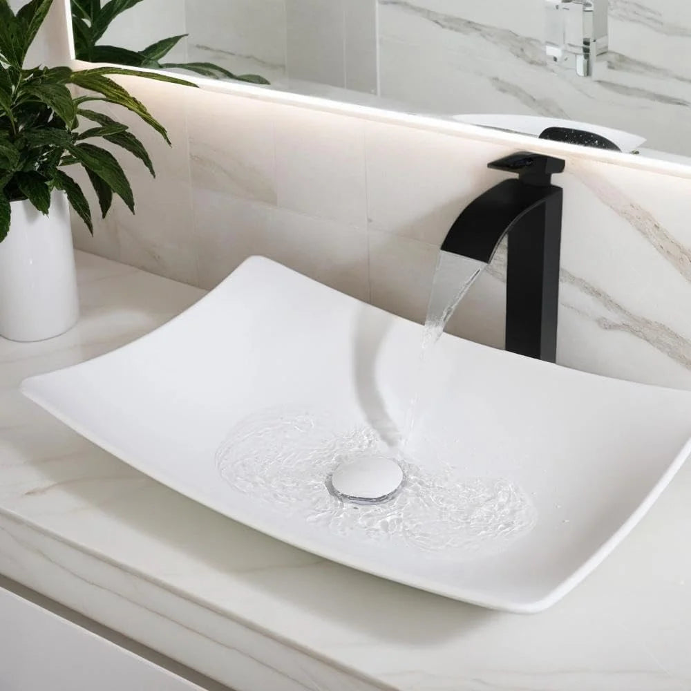 ZAPPO bathroom vessel sink, white stone resin round basin, above-counter design with black faucet