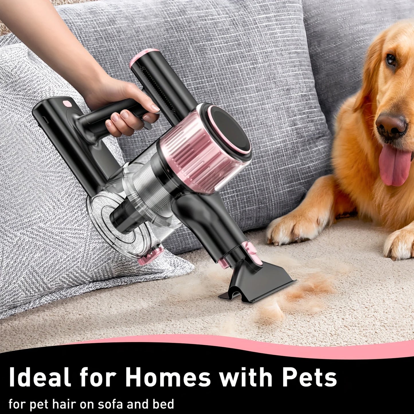 Cordless stick vacuum with pink accents and clear dustbin, cleaning beside a golden retriever on a sofa