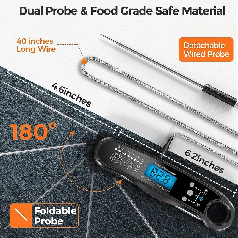 BBQ digital meat thermometer with dual probes, foldable and detachable wired probe, blue display by S And B Enterprise