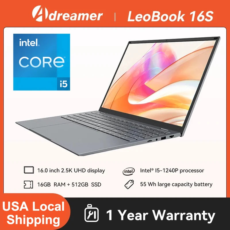 Adreamer LeoBook 16S laptop, 16-inch 2.5K IPS display, Intel i5-1240P, 16GB RAM, 512GB SSD, gray