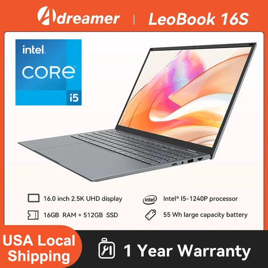 Adreamer LeoBook 16S laptop, 16-inch 2.5K IPS display, Intel i5-1240P, 16GB RAM, 512GB SSD, gray