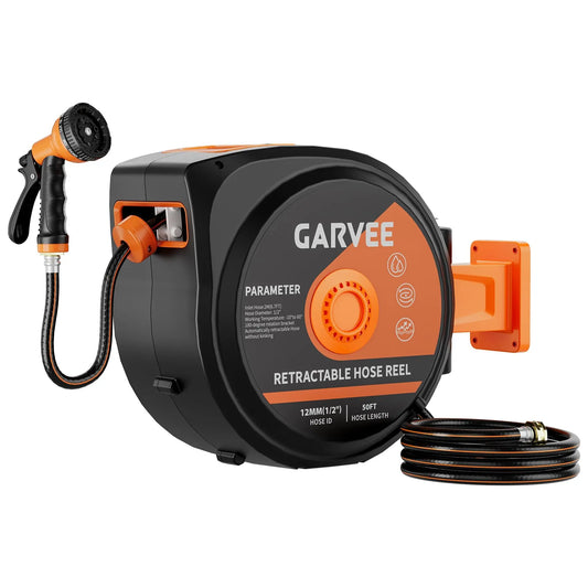 HiMISSG Retractable Wall-Mounted Garden Hose Reel With 10-Pattern Nozzle