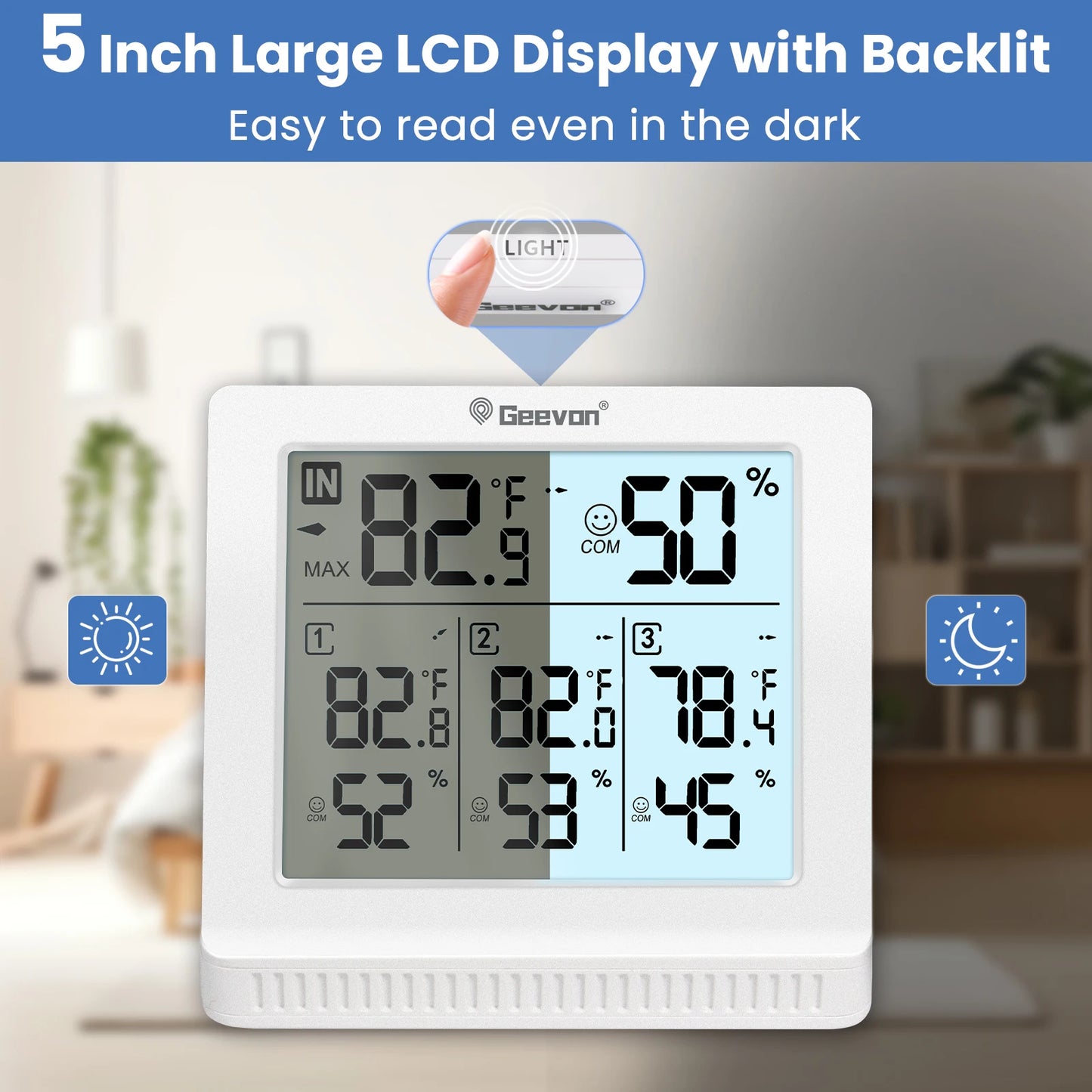 Geevon indoor outdoor wireless thermometer with 3 remote sensors and large backlit LCD display