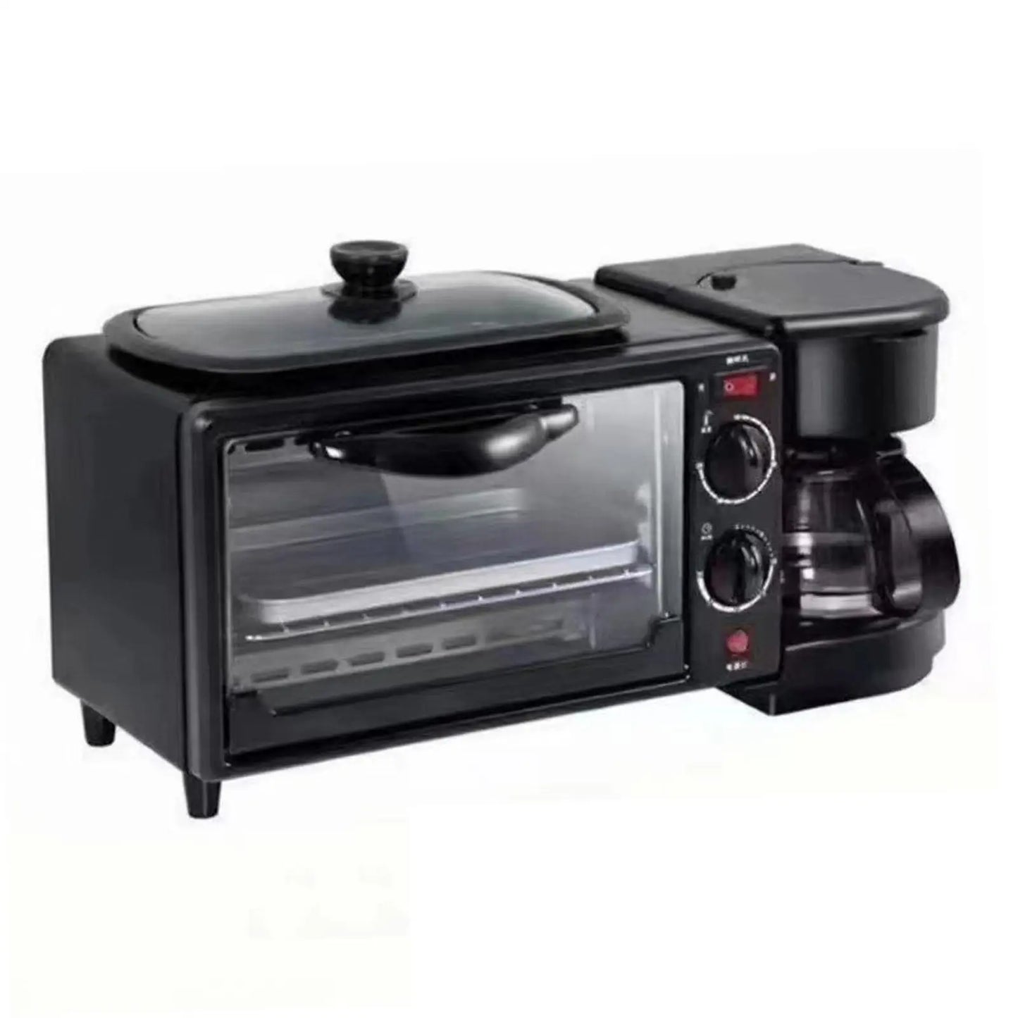 S And B Enterprise 3-in-1 breakfast maker: black toaster oven with glass lid, timer, and built-in coffee maker