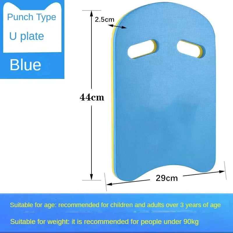 Blue EVA foam U-shaped swimming kickboard by S And B Enterprise, for kids and adults, with yellow edge.