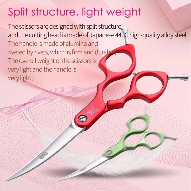 Fenice curved grooming scissors, JP440C/VG10, red and green handles, 6.0–6.5 inch pet scissors by S And B Enterprise