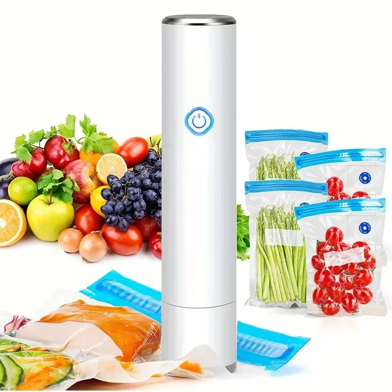 Handheld Vacuum Sealer with 5PCS Reusable Bags, Powerful Handheld Vacuum Machine, Portable Meal Saver, Keep Food Fresh, Rechargeable Portable Vacuum Machine for Meal Vegetable Fruit Preparation And Airtight Sealing Kitchen St