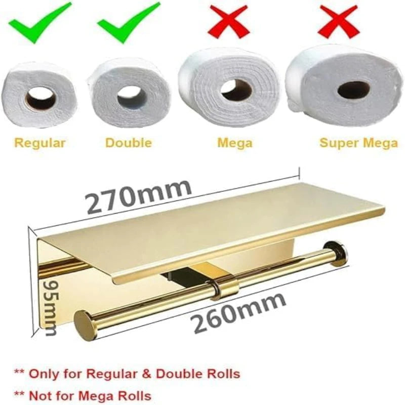 Wall-mounted 304 stainless steel toilet roll holder with shelf in gold finish for regular and double rolls.