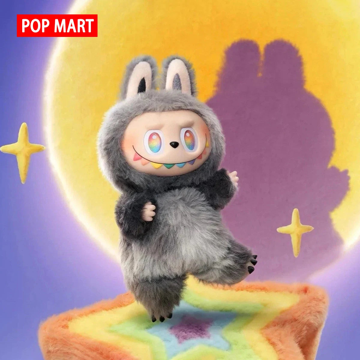 Labubu plush doll in grey macaron fur with rainbow eyes and colorful stitched teeth, POP MART.