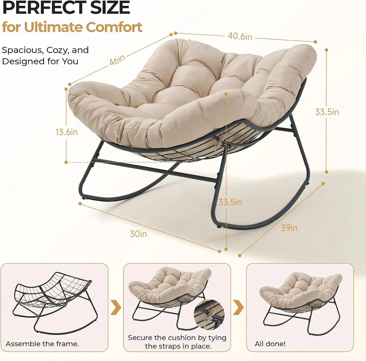 Papasan Rocking Chair, Oversized Patio Lounge Chair, 450 lbs | Oversized Comfort, Smooth & Quiet Rocking, Thick Cushioned Seat,