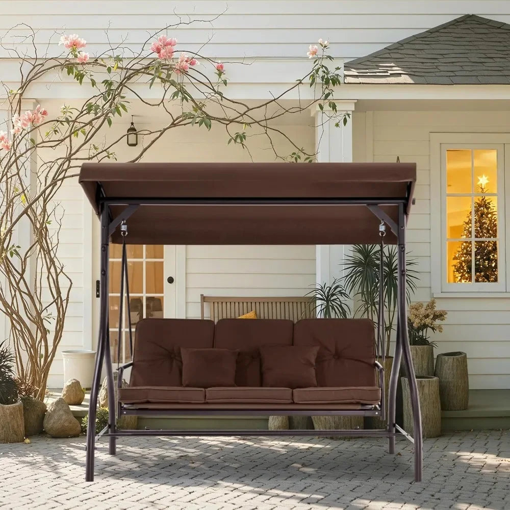 Three Seat Outdoor Patio Swing Chair With Canopy And Cushions