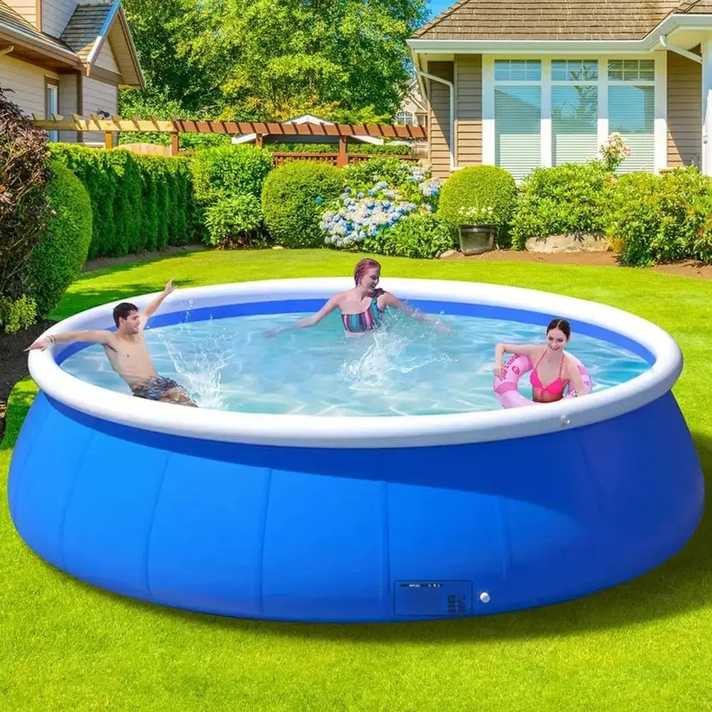 Giant round inflatable family pool, blue with white rim, 120-inch diameter, on lawn with three people.
