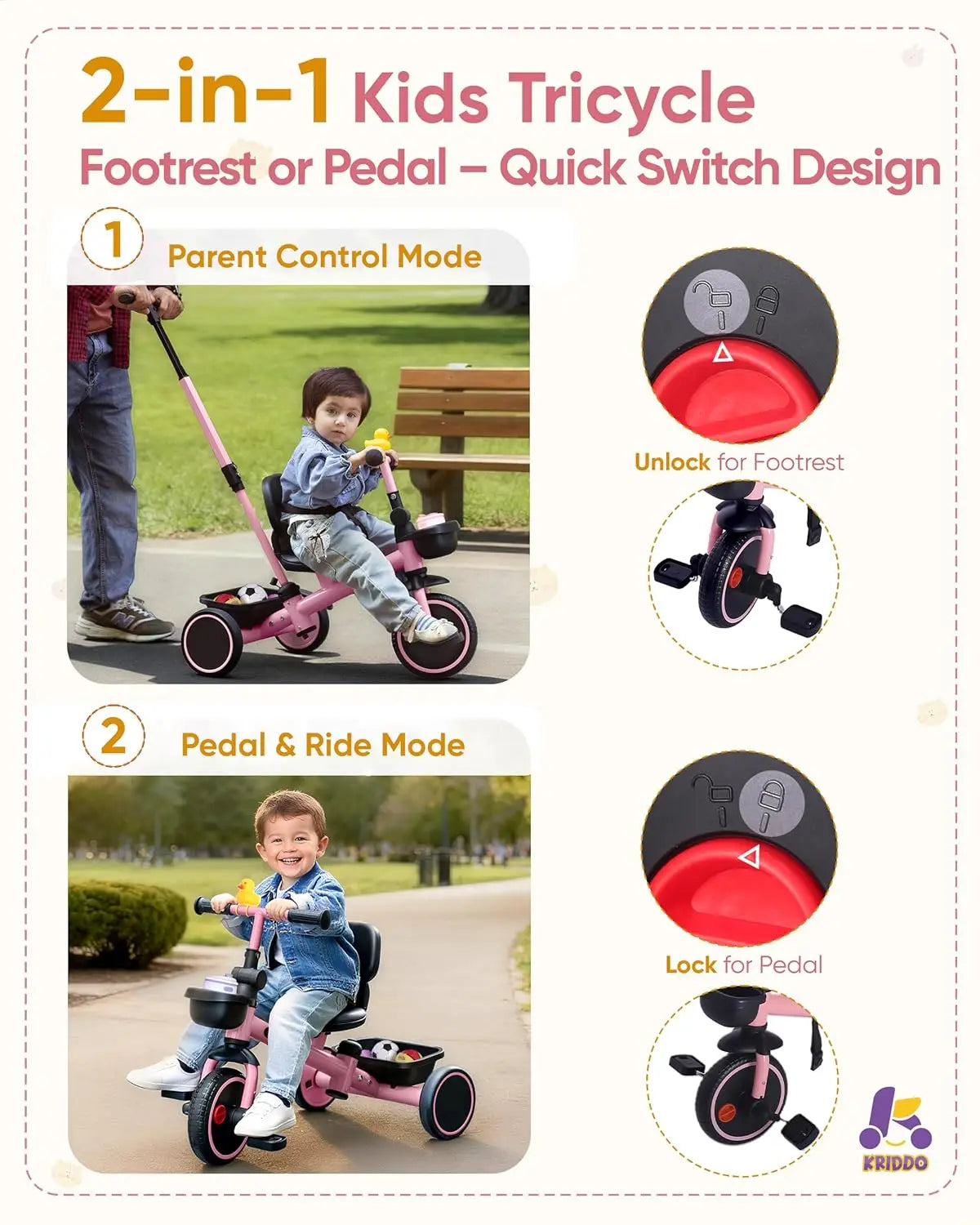 2-in-1 Toddler Tricycle With Adjustable Handlebar And Parent Steering