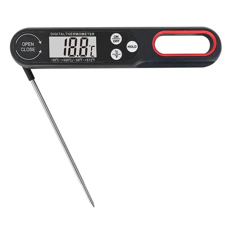 S And B Enterprise BBQ Meat Thermometer digital with stainless steel probe; black handheld unit with red trim