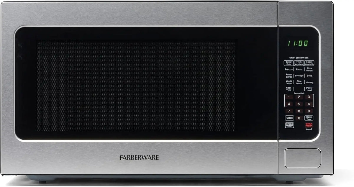 Farberware 1.1 cu ft countertop microwave, stainless steel, 1000W with auto cook, defrost, easy-clean and child lock