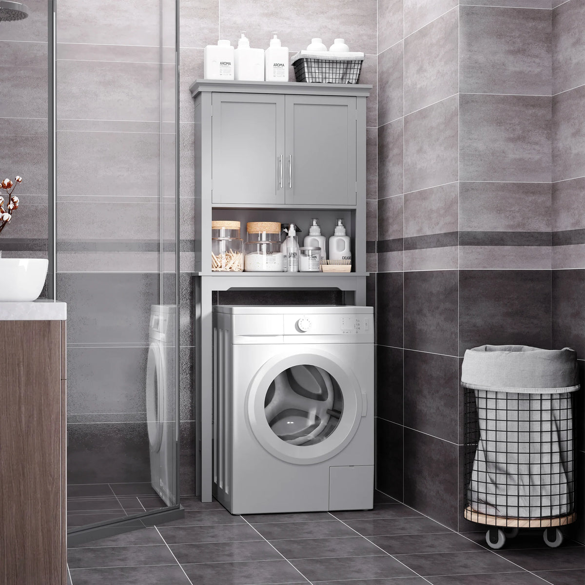 Kleankin grey over-the-toilet storage cabinet with double doors, inner adjustable shelf and open shelf