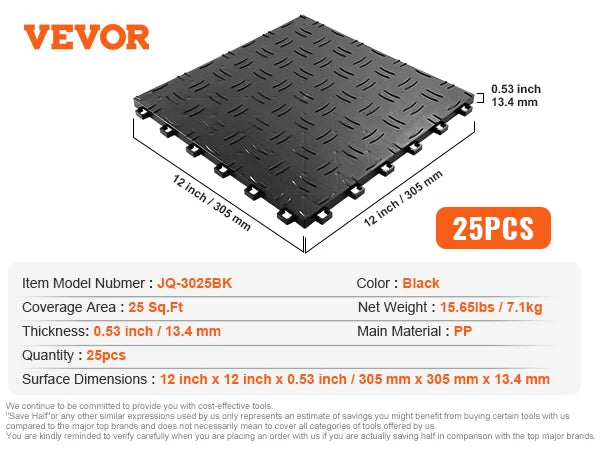Interlocking garage floor tiles, black PP, 25-piece set, 12x12 in, 0.53 in thick, non-slip, VEVOR