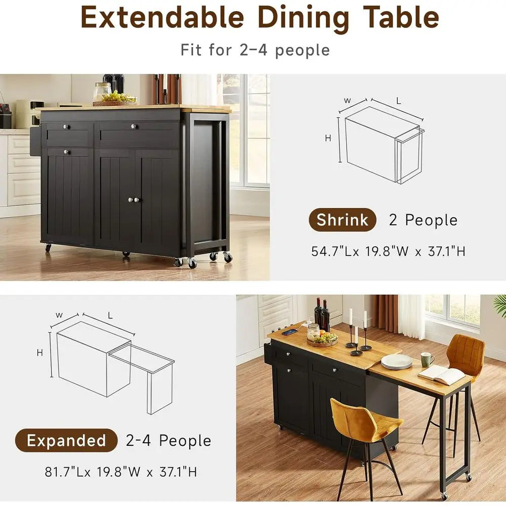 Expandable Kitchen Island With Extendable Dining Table And Storage