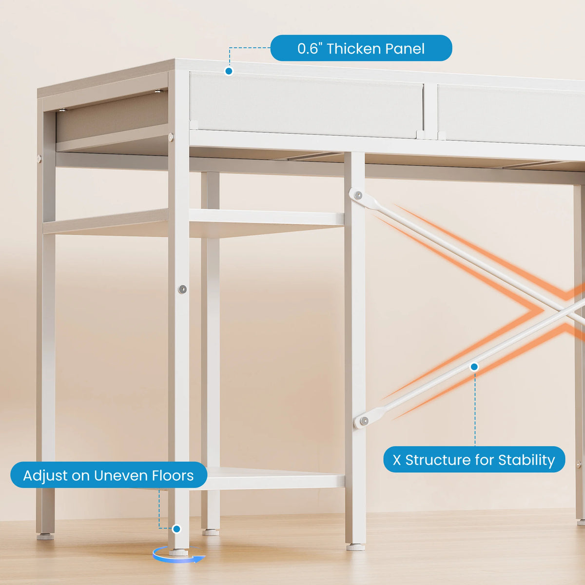MCQ 47 Inch Office Computer Desk with 6 Fabric Drawers; white standing ergonomic gaming desk with storage shelves