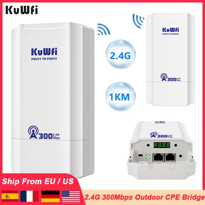 KuWFi Outdoor 300Mbps 2.4GHz CPE Bridge AP Repeater IP65