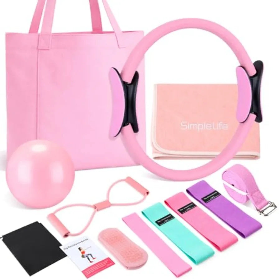 11 Pcs Pink Yoga Accessories Set for Women, Home Pilates Essential Kit for Workout Gym Lover Gifts with Yoga Mat Magic Circle T by S And B Enterprise