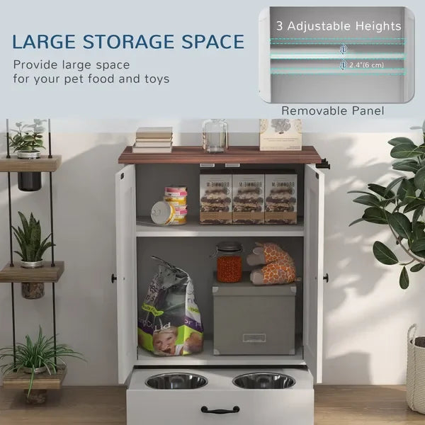 Pet Feeding Station For Medium Dogs With Storage And Raised Bowls