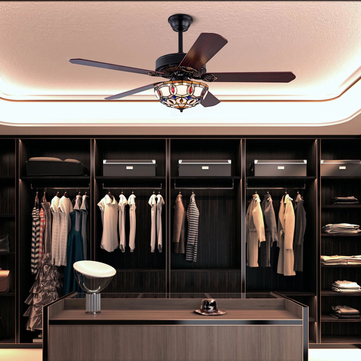 Bymaocar Tiffany Ceiling Fan With Remote Three Lights