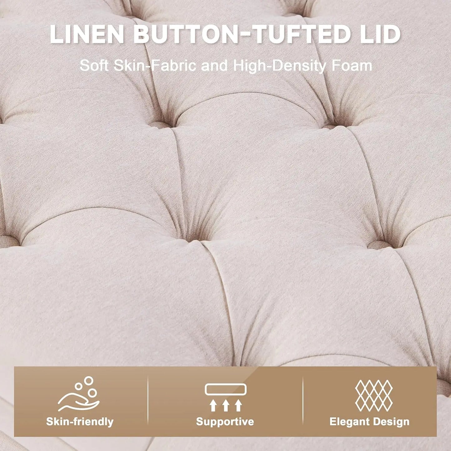 Tufted Storage Ottoman Bench With Linen Top For Living Room