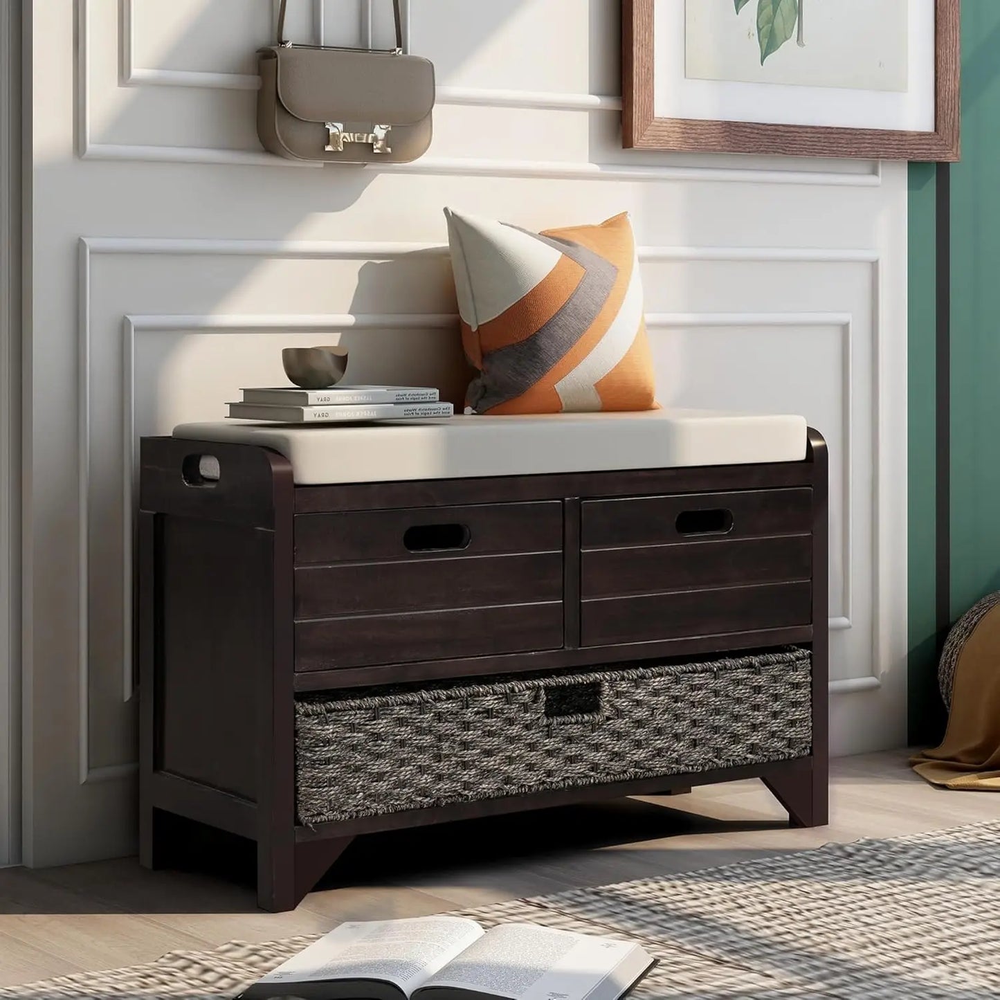 Upholstered Storage Bench for Entryway, Wood Storage Ottoman with Removable Basket and 2 Drawers, Farmhouse Shoe, Customized