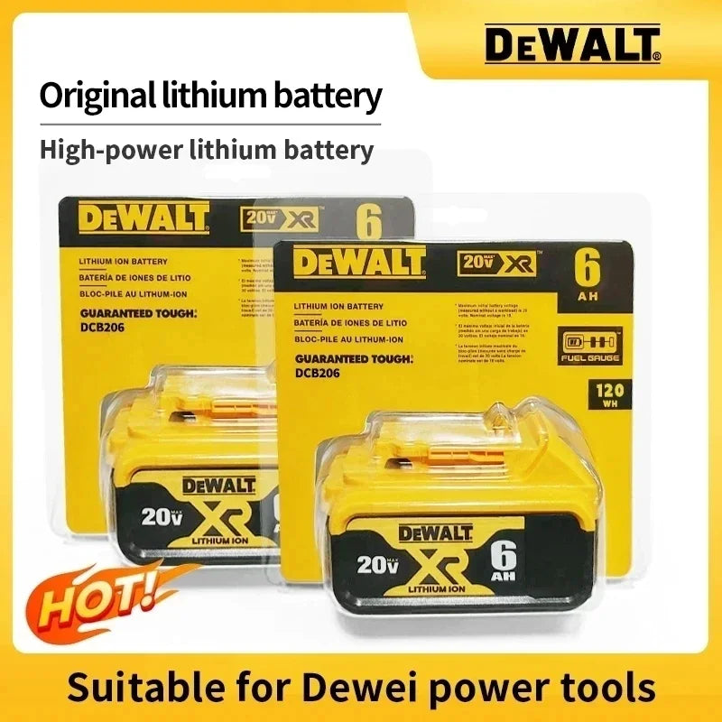 DeWALT 20V 6Ah XR lithium-ion battery pack (2-pack) in yellow and black packaging