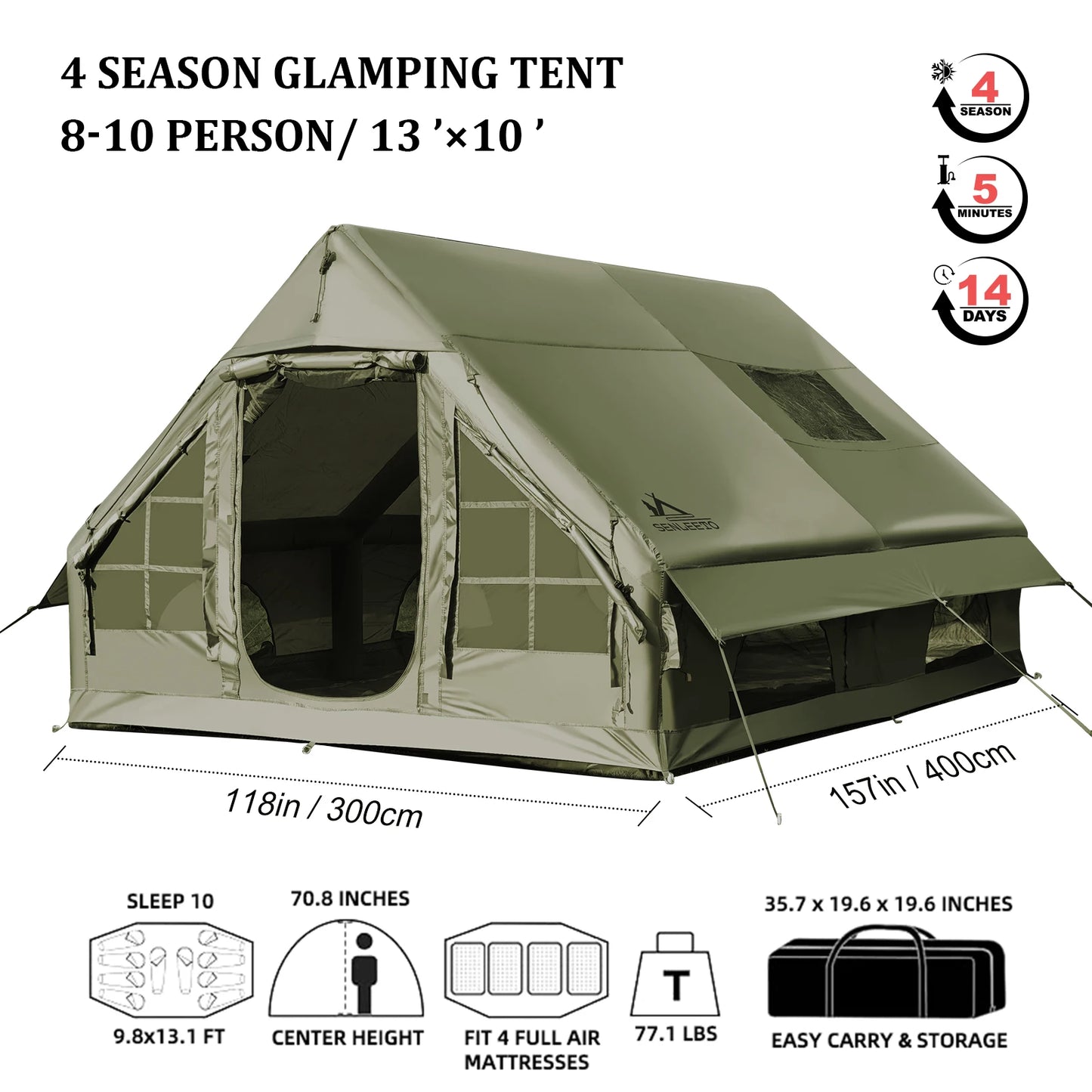 SENLEETO Waterproof Windproof Inflatable Camping Tent Four Season Glamping
