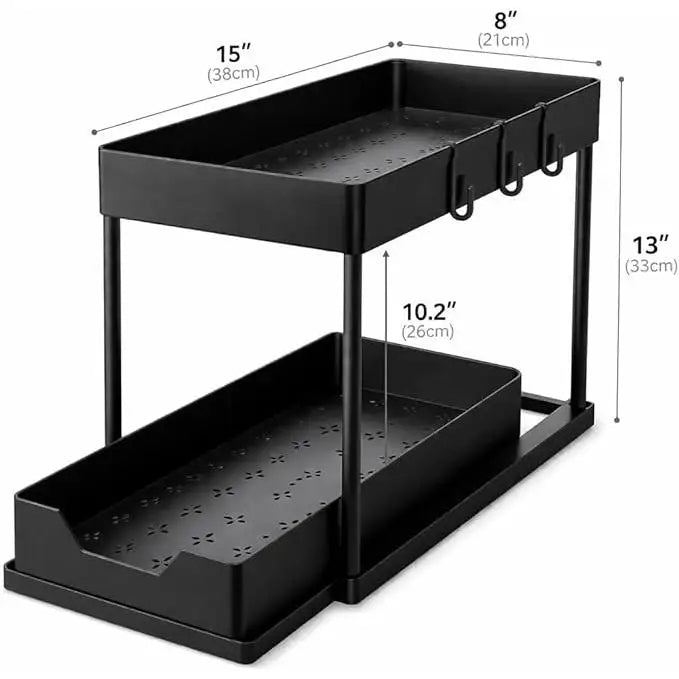 2-tier sliding under-sink organizer in black metal with 5 side hooks and 3 detachable hanging baskets.