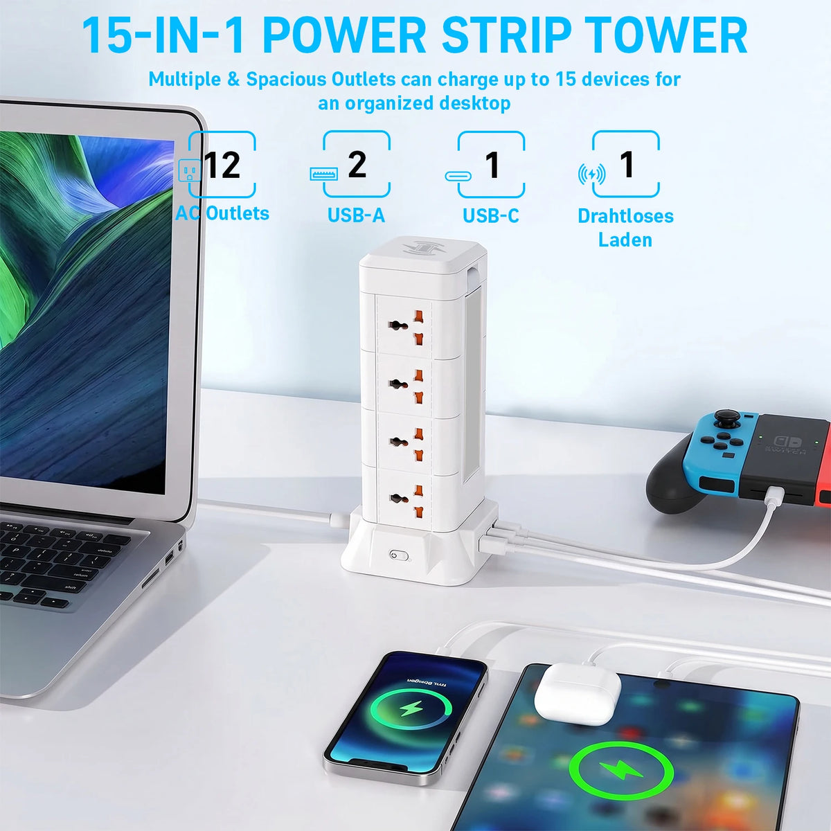 S And B Enterprise power strip tower, white with 12 AC outlets, 2 USB-A, 1 USB-C and wireless charging