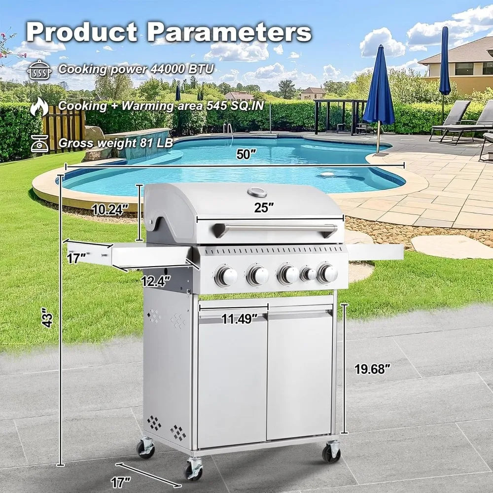 Stainless Steel 4 Burner Propane Gas Grill Cast Iron Grates