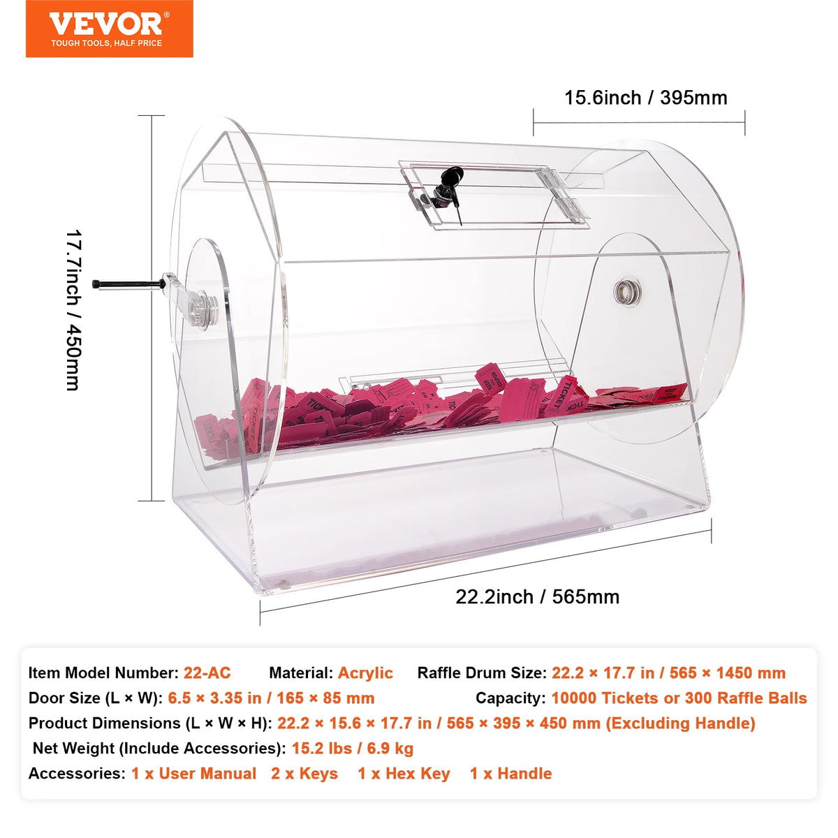 Raffle drum by SucceBuy, transparent acrylic with brass-plated spinning cage; holds 10,000 tickets or 300 balls.