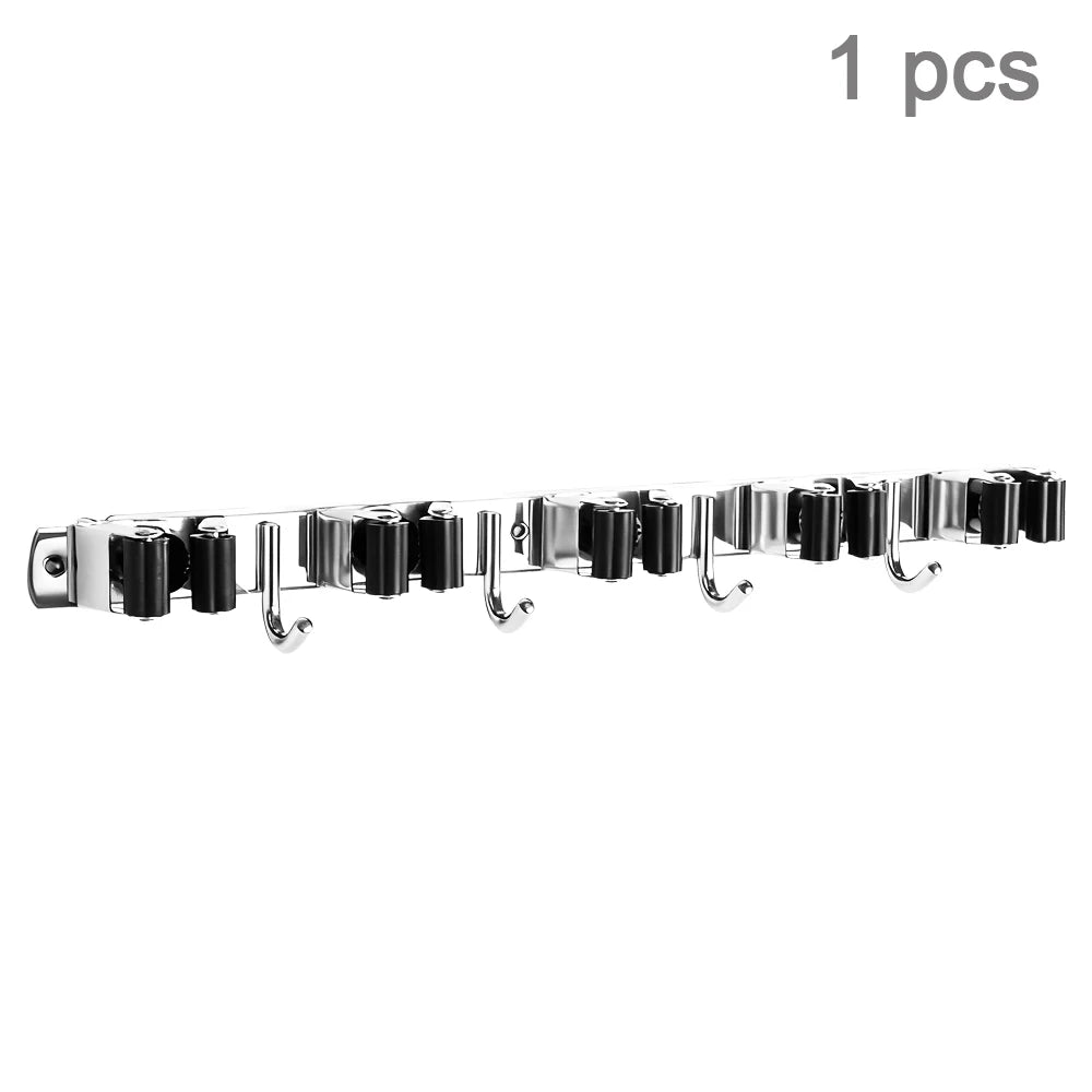 Stainless Steel 4 Hook Wall Mounted Mop And Broom Organizer