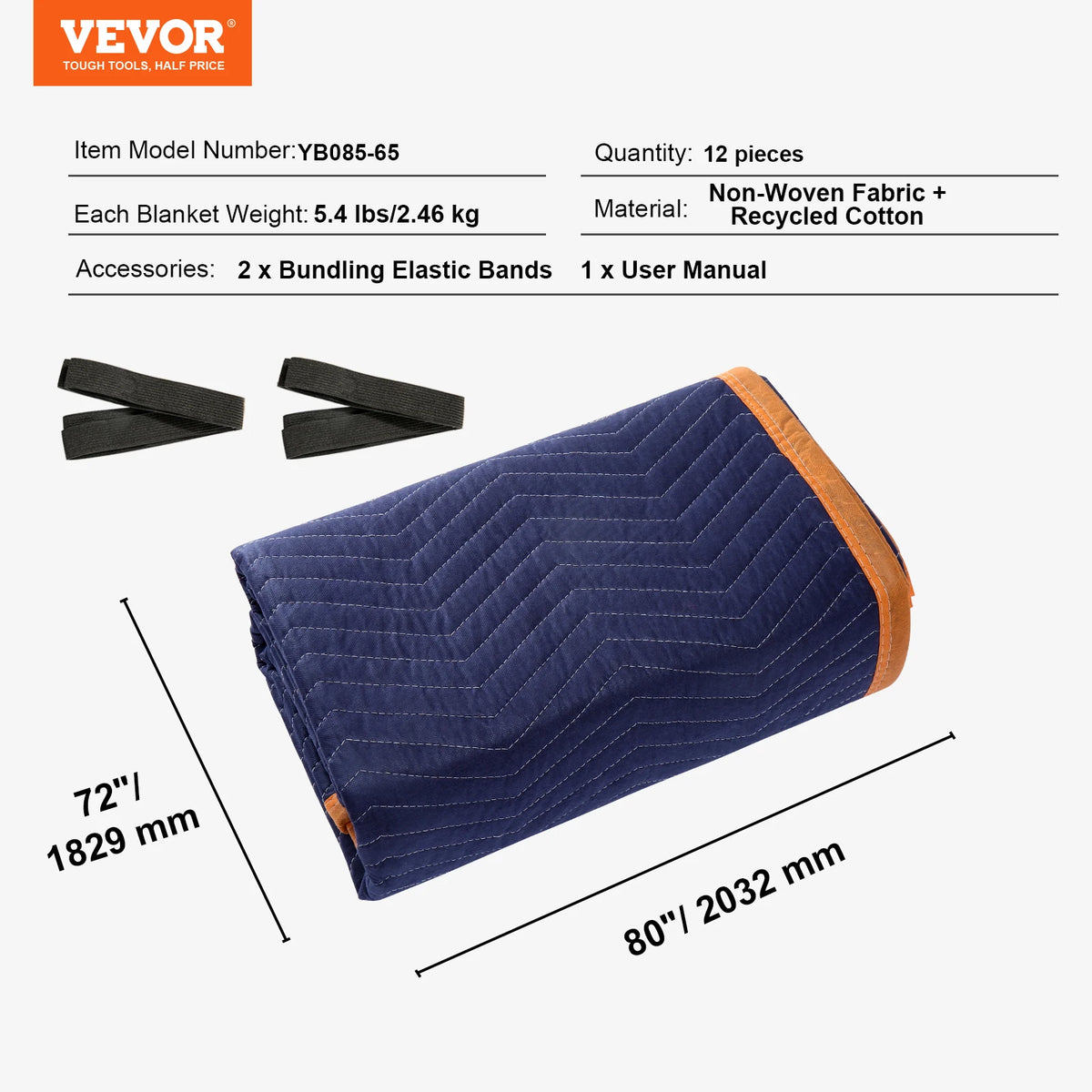 Moving blankets 12-pack, 80 x 72 in, navy quilted with orange edge; includes 2 bundling straps; VEVOR logo visible