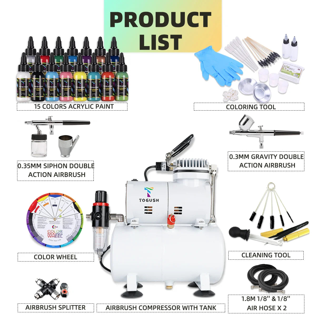 OPHIR airbrush compressor kit by S And B Enterprise with 3L tank, 2 airbrushes and 15-color acrylic paints