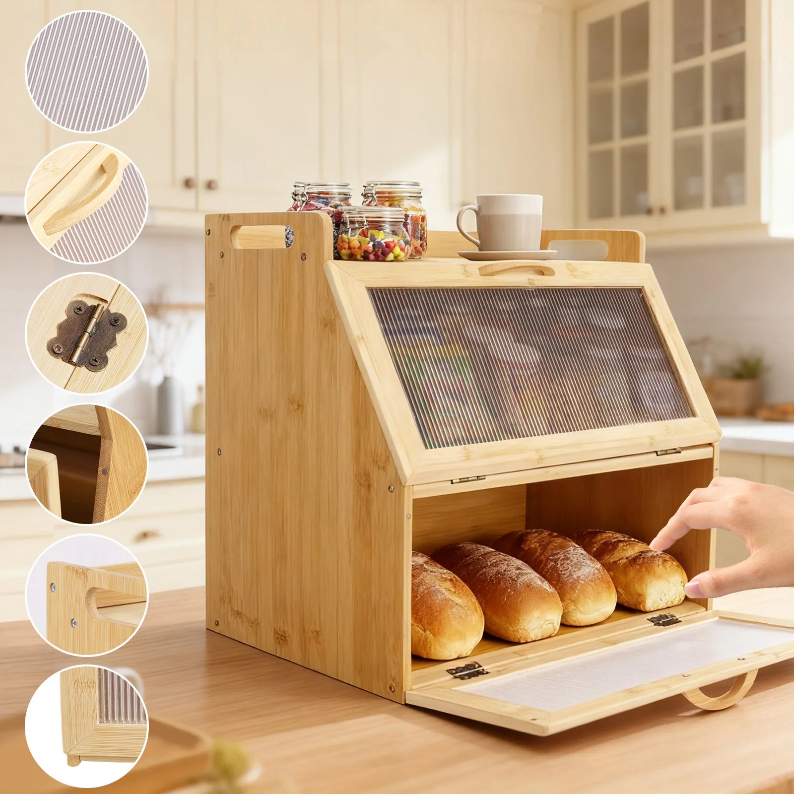 Double-layer wooden bread storage box with ribbed glass front; natural wood finish, farmhouse-style countertop bread keeper.