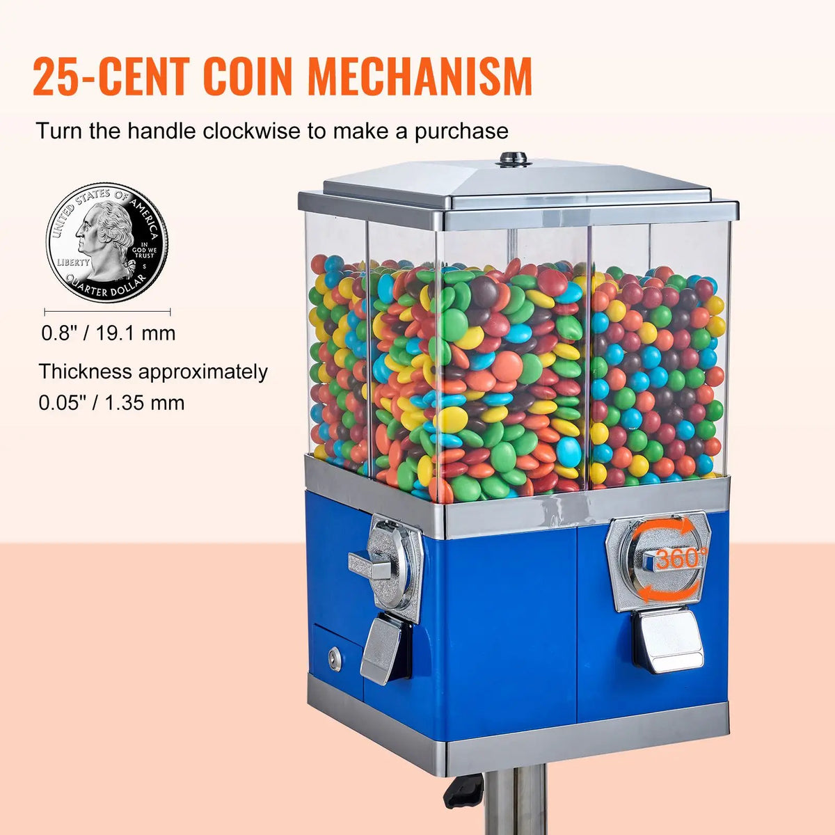 Commercial four-compartment rotatable gumball and candy vending machine by S And B Enterprise, blue base with clear candy chambers