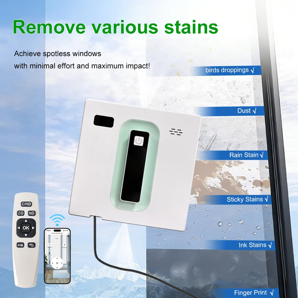 PuRuiKai window cleaning robot; white body with mint-green center, app/remote control, two-way spray.