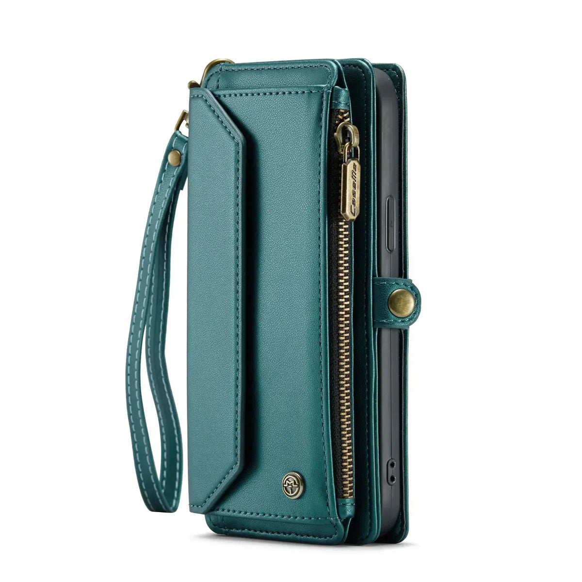 Teal leather crossbody wallet case for iPhone with RFID blocking; 7-card slots and zip pocket, by S And B Enterprise