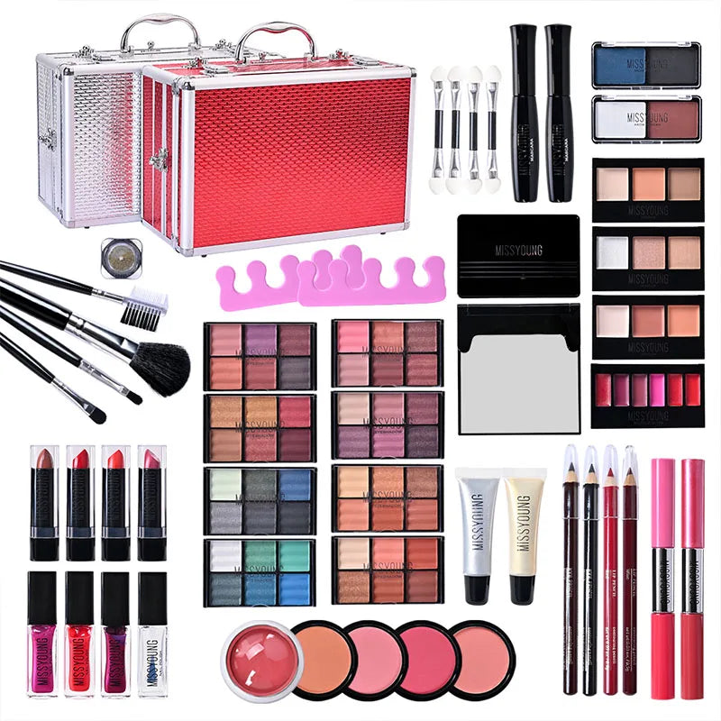 All-In-One Makeup Gift Kit by S And B Enterprise in a red metallic premium box with makeup brushes, mirror, lipsticks and eyeshadow palettes.