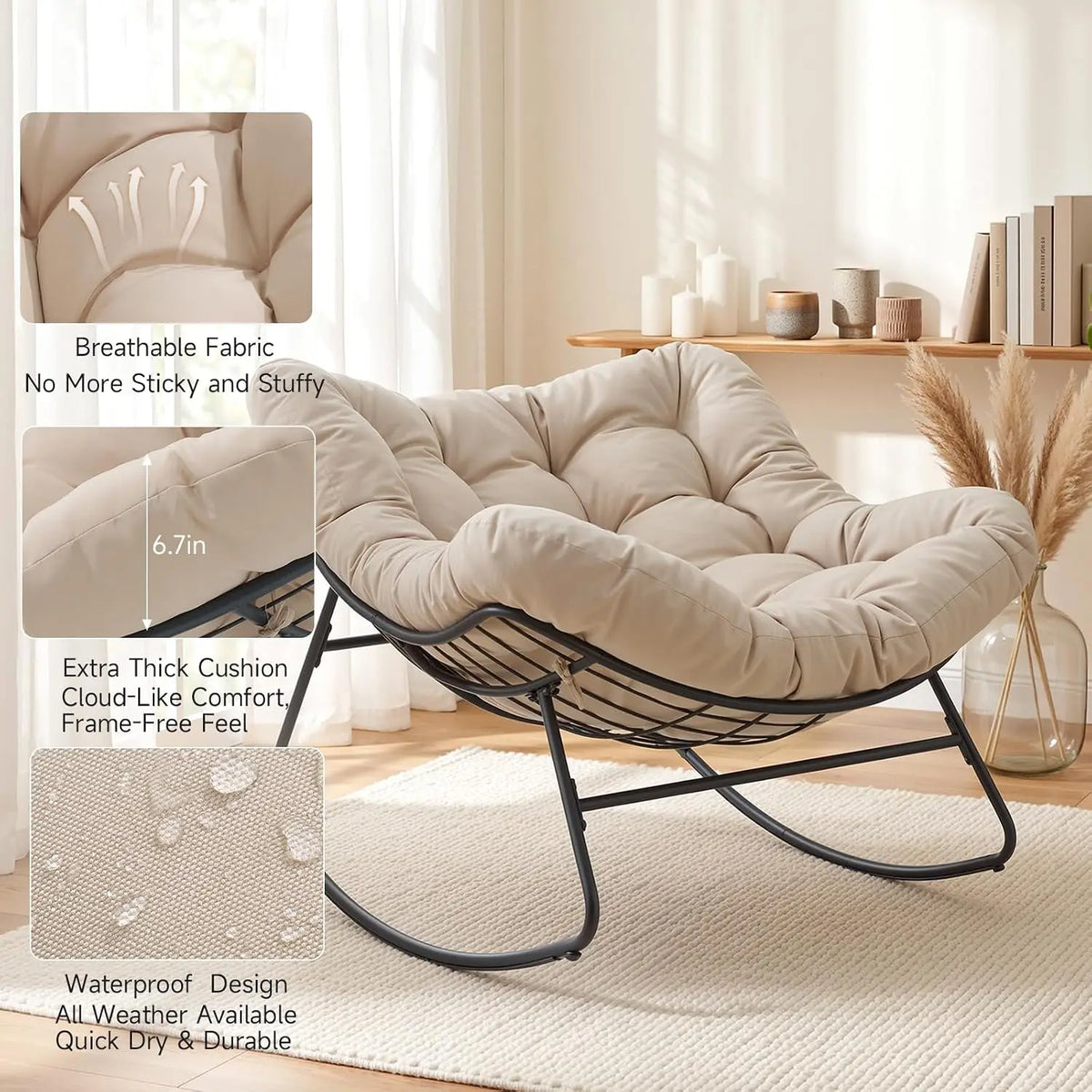 Papasan Rocking Chair, Oversized Patio Lounge Chair, 450 lbs | Oversized Comfort, Smooth & Quiet Rocking, Thick Cushioned Seat,