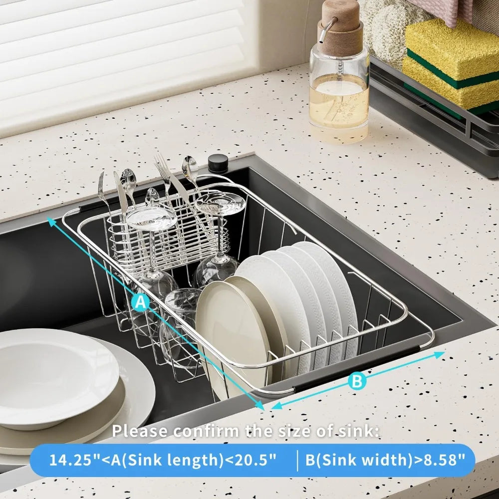 Over-sink dish drying rack by S And B Enterprise, expandable 14.25–22.44 in, 304 stainless steel with utensil holder