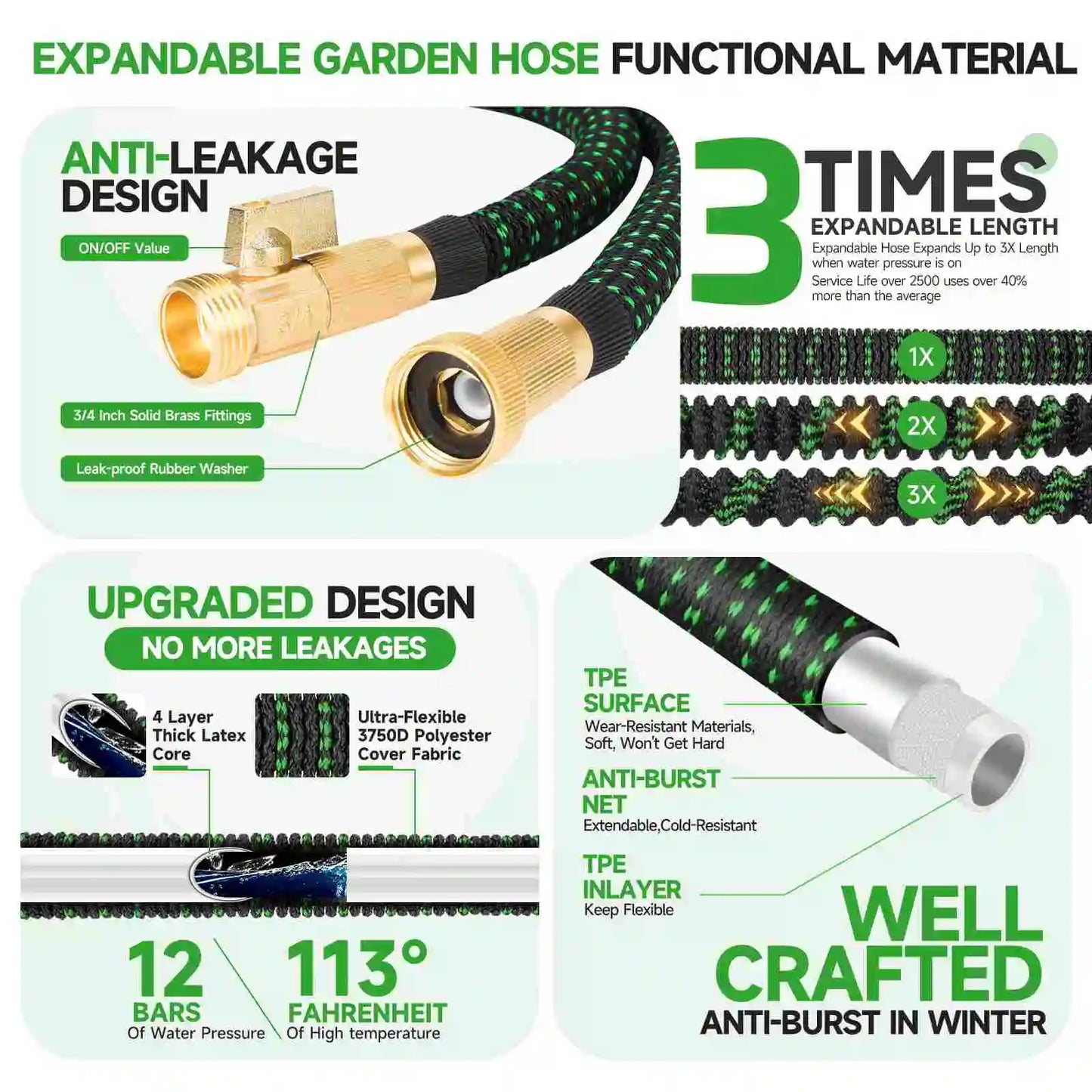 Expandable Water Hose With Ten Pattern Sprayer Nozzle For Garden