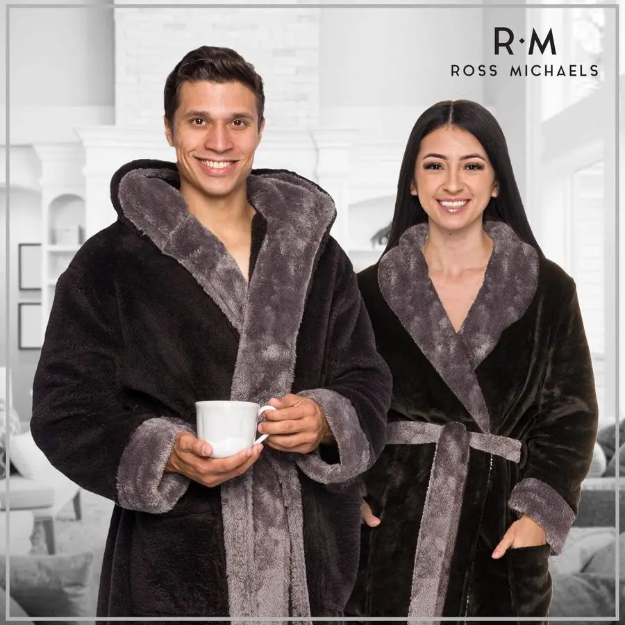 Luxurious Hooded Plush Fleece Bath Robe With Pockets For Men